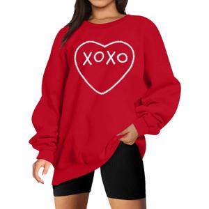 MYHALF Valentines Day Sweatshirts Valentine Shirts: Womens Love Heart Long Sleeve Tops Oversized Patch Crewneck Pullover (Red, S)