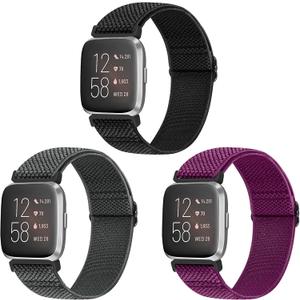 Vodtian Elastic Bands Compatible with Fitbit Versa 2/Versa Watch Band, Adjustable Nylon Braided Bands Replacement Solo Loop Sport Straps Wristband for Women Men (Black+Gray+Purple)