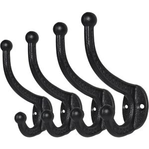Sopicoz Cast Iron Coat Hooks Pack of 4 Farmhouse Vintage Hooks, Heavy Duty Rustic Wall Mounted Hooks for Hanging Indoors & Outdoors (Black)
