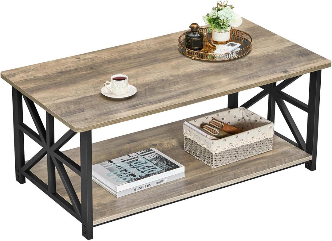 GreenForest Coffee Table for Living Room with Round Corners Farmhouse Style Center Table with Storage Shelf 39 Inch Space Saving Easy Assembly Gray Wash | for Living Room, Farmhouse Style, Space Saving, Easy Assembly, 39.4 Inches X 21.7 Inches X 18.7 Inches