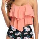 Womens Tankini Swimsuits Ruffled Tank Top Tummy Control Floral Modest Swimwear High Waisted Bikini (Large, Orange)