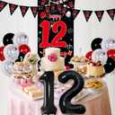 12th Birthday Decorations Boy, Red Black Happy 12th Birthday Decorations for Boys Girls, 12 Year Old Birthday Door Banner, Triangle Flag, Large Number 12 Balloons Decor Boy Twelve Bday Party Supplies