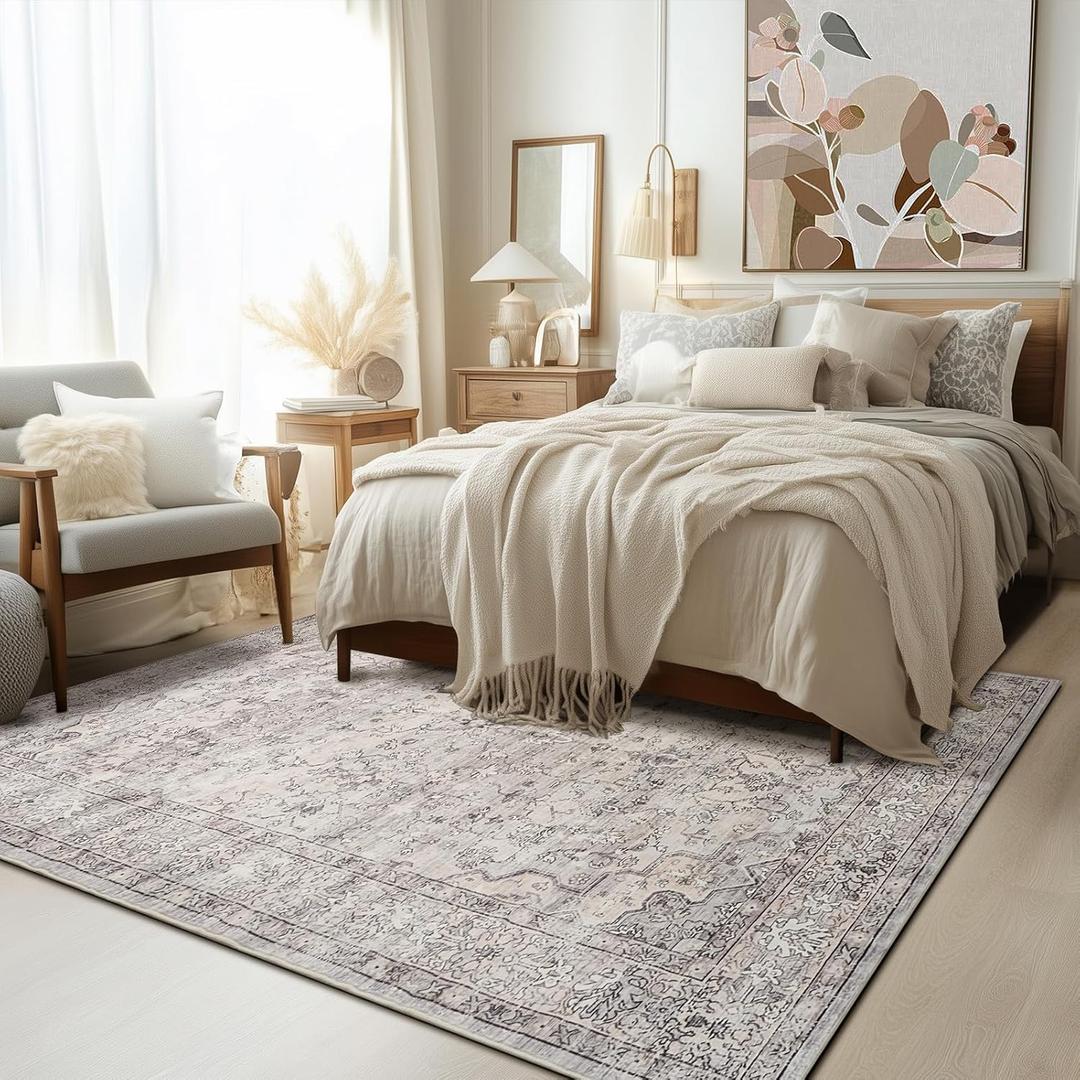 5x7 Area Rugs for Living Room Washable Soft Faux Fur Low Pile Vintage Floral Boho Modern Carpet Rug Non Slip Sound Absorbing Rugs for Bedroom Office Patio Dining Room Kids Room,Natural Grey