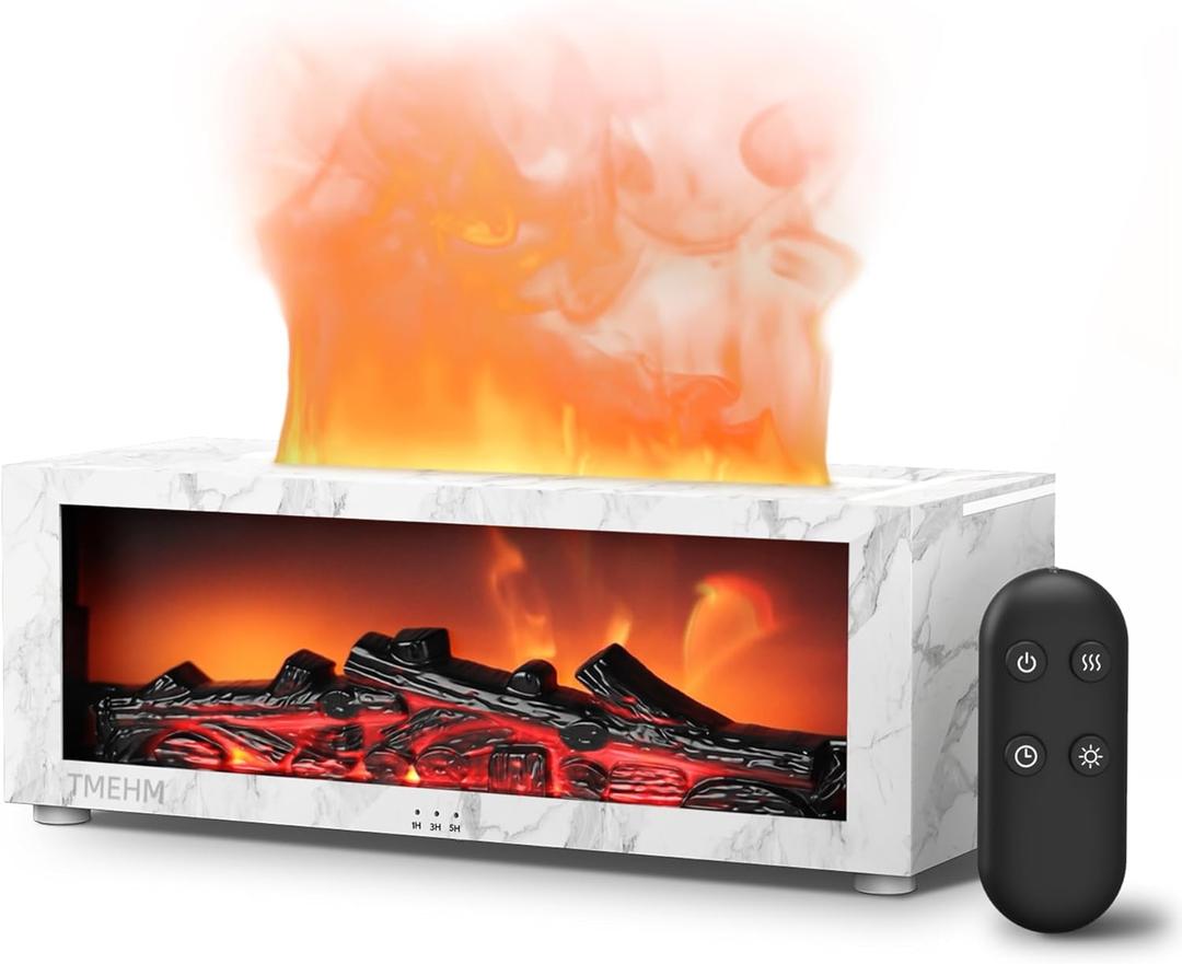 Fireplace Flame Air Diffuser Humidifier,7 Colors Aromatherapy Essential Oil Diffuser, Ultrasonic with Timer for Home, Bedroom, Office, Yoga (White Marble)