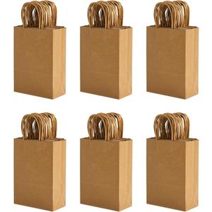 100 Pack 5.8x3.2x8.25 Inch Brown Kraft Paper Gift Bags with Handles - Bulk Small Plain Natural Bags for Birthday Party Favors, Grocery, Retail Shopping, Wedding, Craft, Goody, Takeouts, and Business