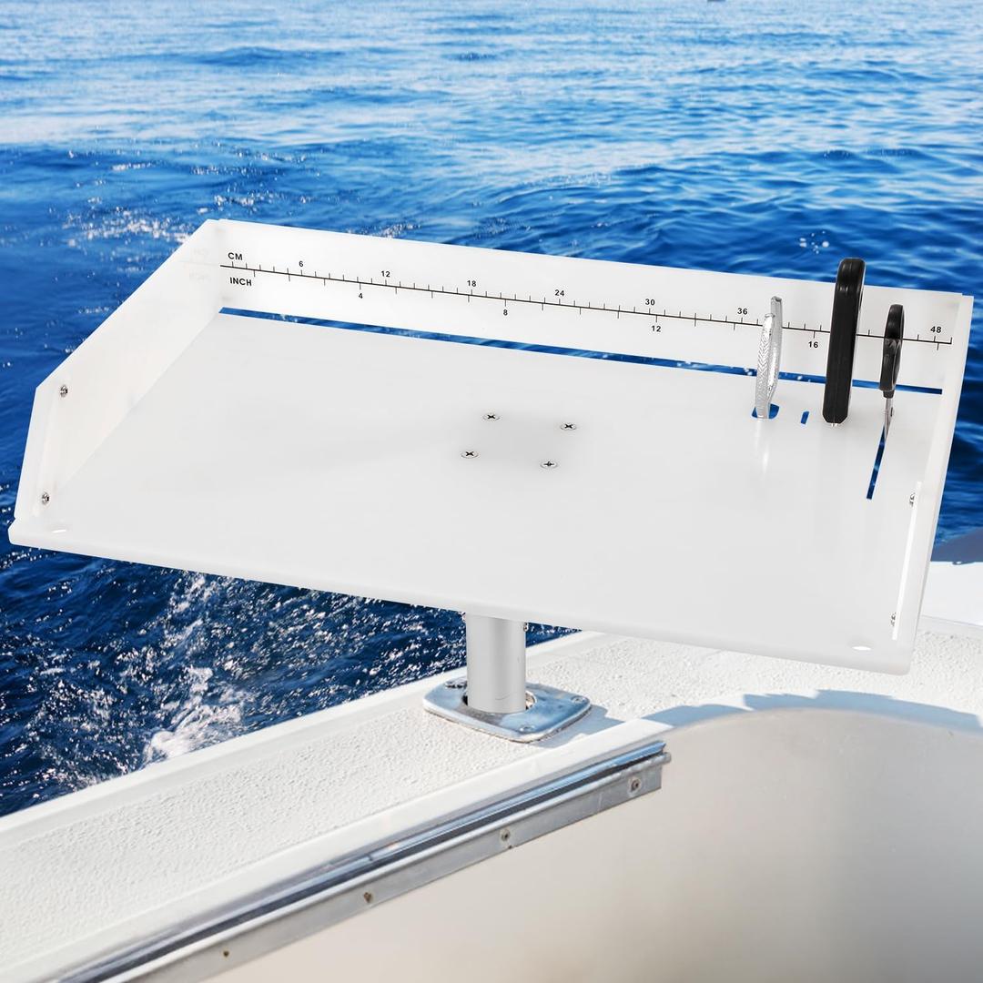 Marine Boat Cutting Board with Rod Holder, 20" Bait Table/Fillet Station, Knife Slot, Plier Storage, Fish Scale, UV Stabilized PP