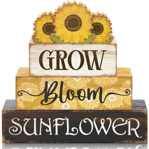 4 Pcs Summer Wooden Tiered Tray Decor Farmhouse Rustic Table Decor Books Stack Block Signs for Table & Home Office Decorations(3 Sunflower Style)