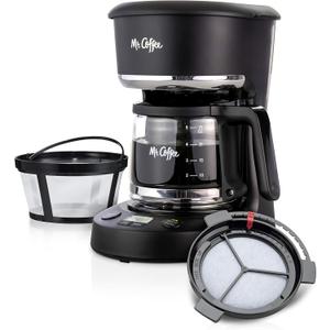 Mr. Coffee 5-Cup Programmable Coffee Maker, 25 oz. Mini Brew, Brew Now or Later, with Water Filtration and Nylon Reusable Filter, Black