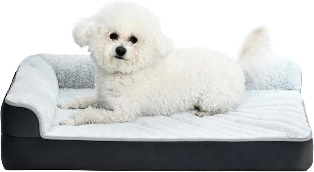 Amazon Basics Washable L-Shaped Dog Bed for Small Dogs, Anti-Slip Pet Sofa Bed for Indoor Dogs, Crate Bed, 30x20x6.5 Inches, Gray, Small