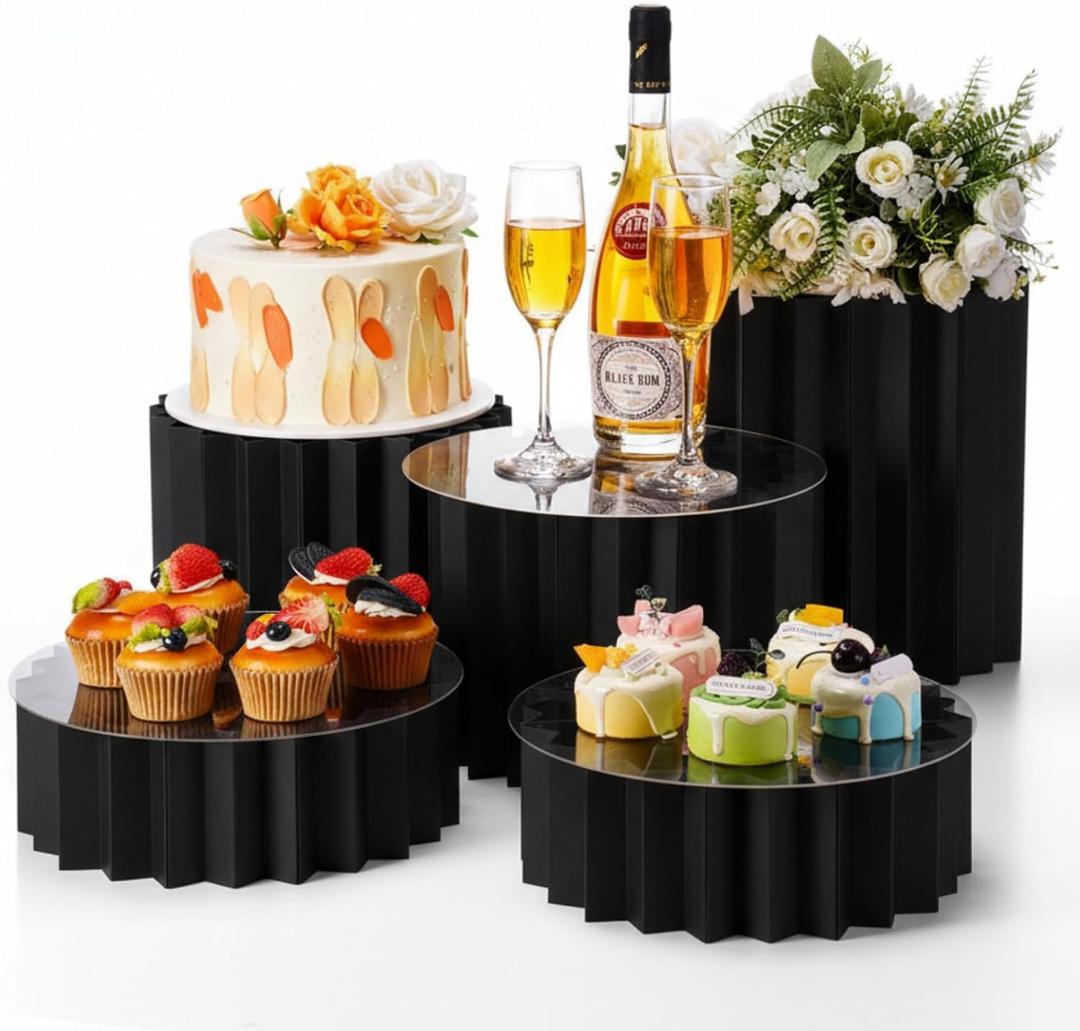 Capoda 5 Pieces Buffet Risers - 12" Cylinder Party Stands with Acrylic Plates Foldable Food Display Risers for Dessert Jewelry Cupcake Catering Supplies Wedding Birthday Party Table Decoration(Black)
