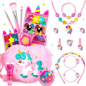 ULOVEME Kids Real Makeup Kit for Little Girls - Real, Non Toxic, Washable Make Up Toy - Umicorn Toys Gift for 3 4 5 6 7 8 9 10 12 Years Old Girls Birthday (Heart Shaped Purse+Jewelry Set)
