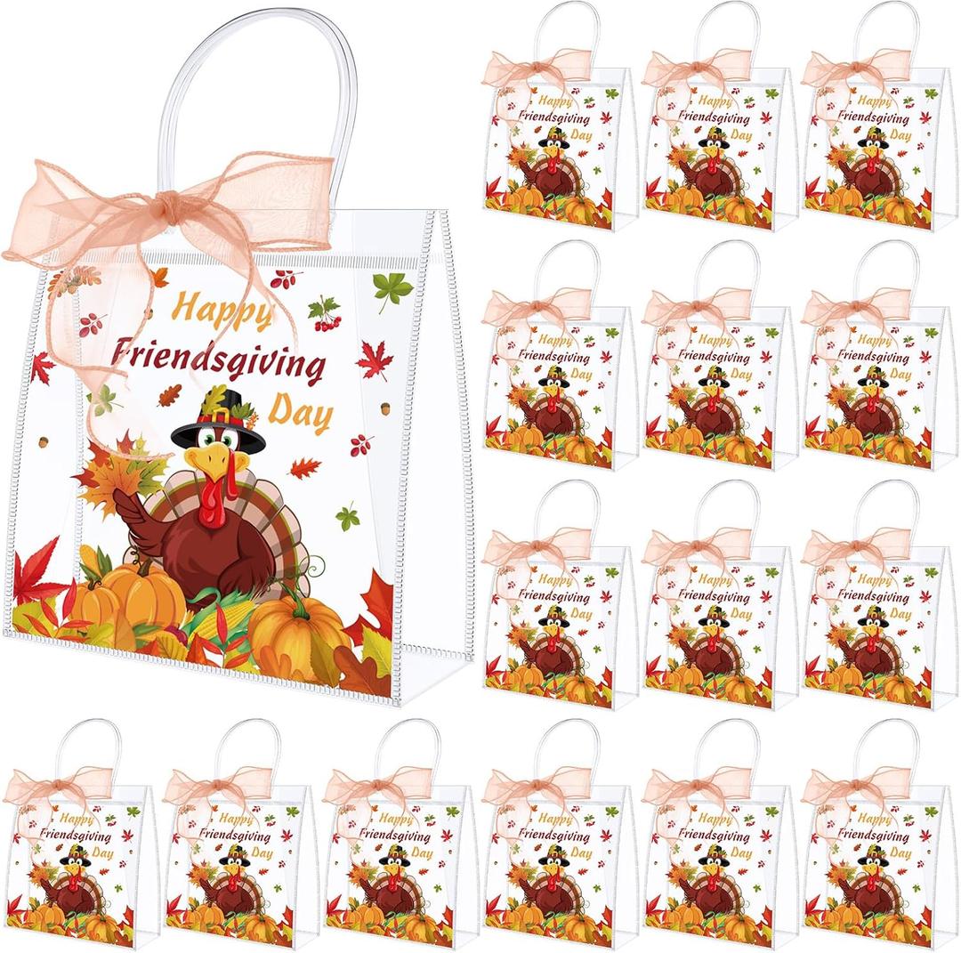 Gersoniel 24pcs Friendsgiving Clear PVC Gift Bags Thanksgiving Transparent Gift Packaging with Handle and Ribbon Roll Reusable Tote Bags Suitable for Autumn Birthday Baby Shower Party Favor Supplies