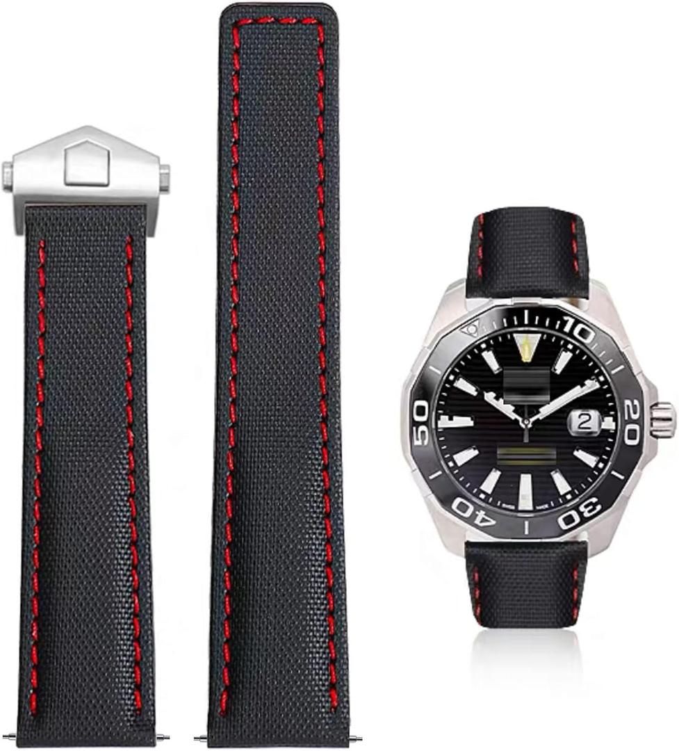 Nylon Leather Watch Band Quick Release Waterproof Oxford Fiber Nylon Genuine Leather Deployant Watch Band Strap Nylon Leather Universal Replacement Bracelet Strap 20mm 22mm for Men Women (Black Red(Silver Buckle))