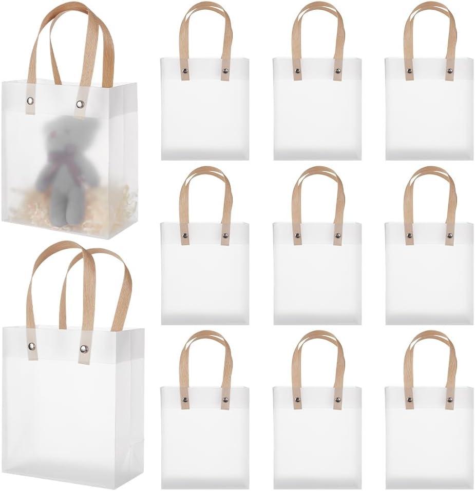 NBEADS 24 Pcs Clear Plastic Gift Bags with Handles, 5.9x5.1x2.8inch Small Frosted Gift Bags Party Favor Bags MINI Reusable Plastic Clear White Bag for Wedding Birthday Shower, Hotel Guests
