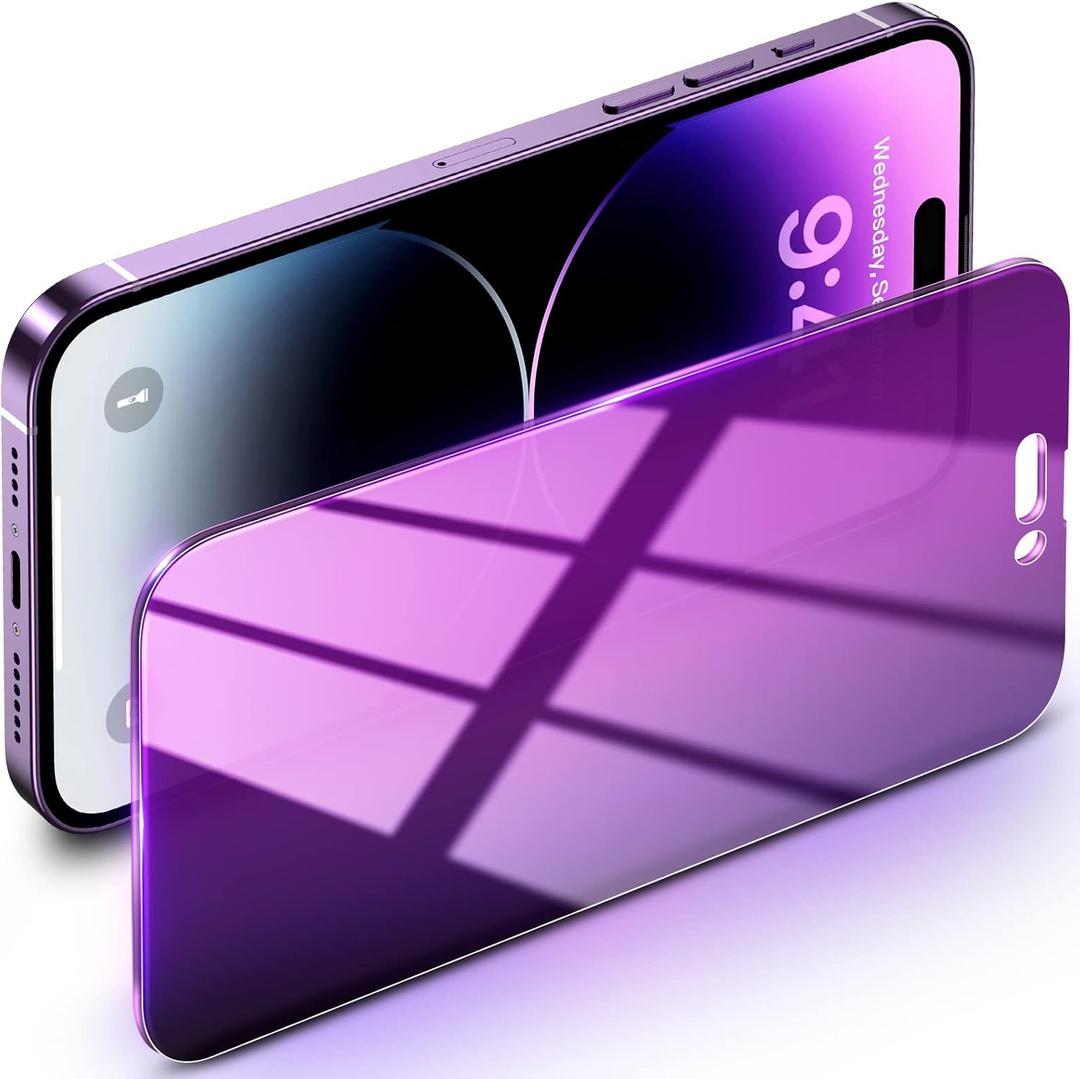 Uyiton Privacy Screen Protector for iPhone 14 Pro Max - Anti-Spy, Anti-Blue Light, HD Full Coverage Tempered Glass with Frame, Purple