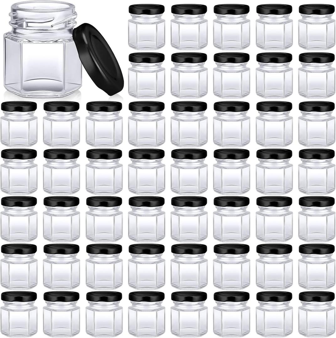 Nuogo 100 Pack 1.5oz Mini Hexagon Glass Jars Bulk for Wedding Small Honey Jars with Lids for Spice Canning Mason Gifts Candy Honey Wedding Party Favors DIY Crafts(Black)