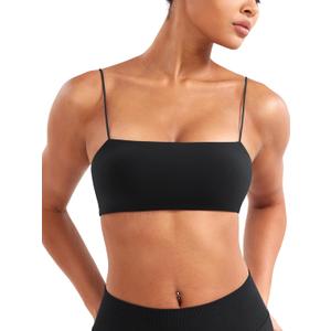 YEOREO Women's Spaghetti Strap Sports Bra Enidy Square Neck Yoga Wireless Low Impact Padded Seamless Cami Crop Top (Black) S
