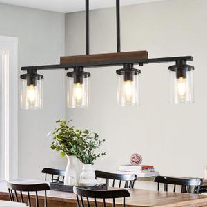 29.3'' Kitchen Pendant Lights, 4-Light Dining Room Light Fixture Chandelier Over Table, Black Modern Rustic Wood Ceiling Pendant Light Fixtures, with Clear Glass Shade, Farmhouse Chandelier