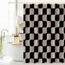 Tititex Retro Checkerboard Grid Pattern 140gsm Faux Linen Fabric Shower Curtain, Black Brown Classical Groovy Wavy Checkered Shower Curtain Sets Decoration 72x72 Inch with Hooks