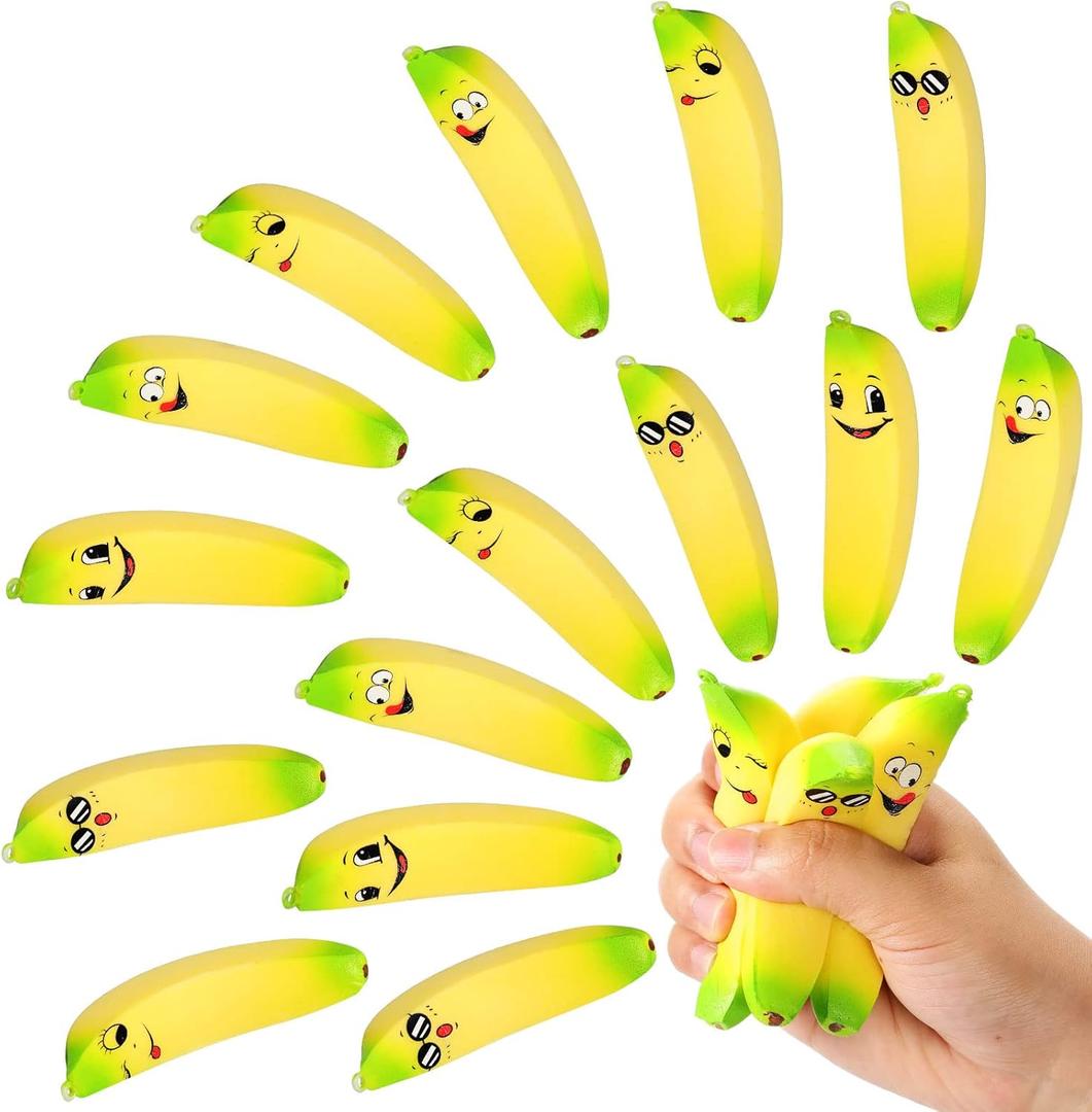 16 Pcs 3.7 Inch Banana Stress Toys Banana Stretchy Balls with Emotions PU Stress Relief Toy Soft Adult Sensory Toys for Relief Party Favors Bag Fillers