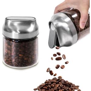 Aelga Small Glass Storage Jar with Lid, Coffee Container Canister Food Storage Jars for Coffee Beans Spice Sugar Tea Bag, Stackable Decorative Container, One-Handed Operation, 17 OZ, Silver