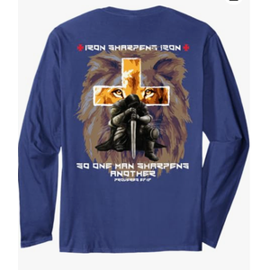 Lion Graphic Cross Bible Verses Cool Christian Back Print Long Sleeve T-Shirt, Blue, Large