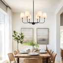Farmhouse Chandelier 6 Light 31.5", Black Chandelier Modern Dining Room Light Fixtures over Table Island Lighting Fixture with Linen Fabric Shades for Kitchen Living Room Foyer Entryway Bedroom