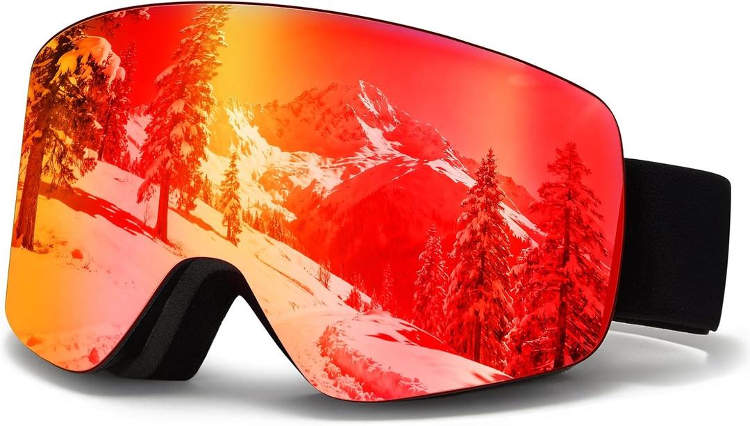 Ski Goggles OTG Snow/Snowboard Goggles Snowboarding Goggles Over Glasses Ski Goggle for Men Women Adult (Gloss Black Frame Rev Red)
