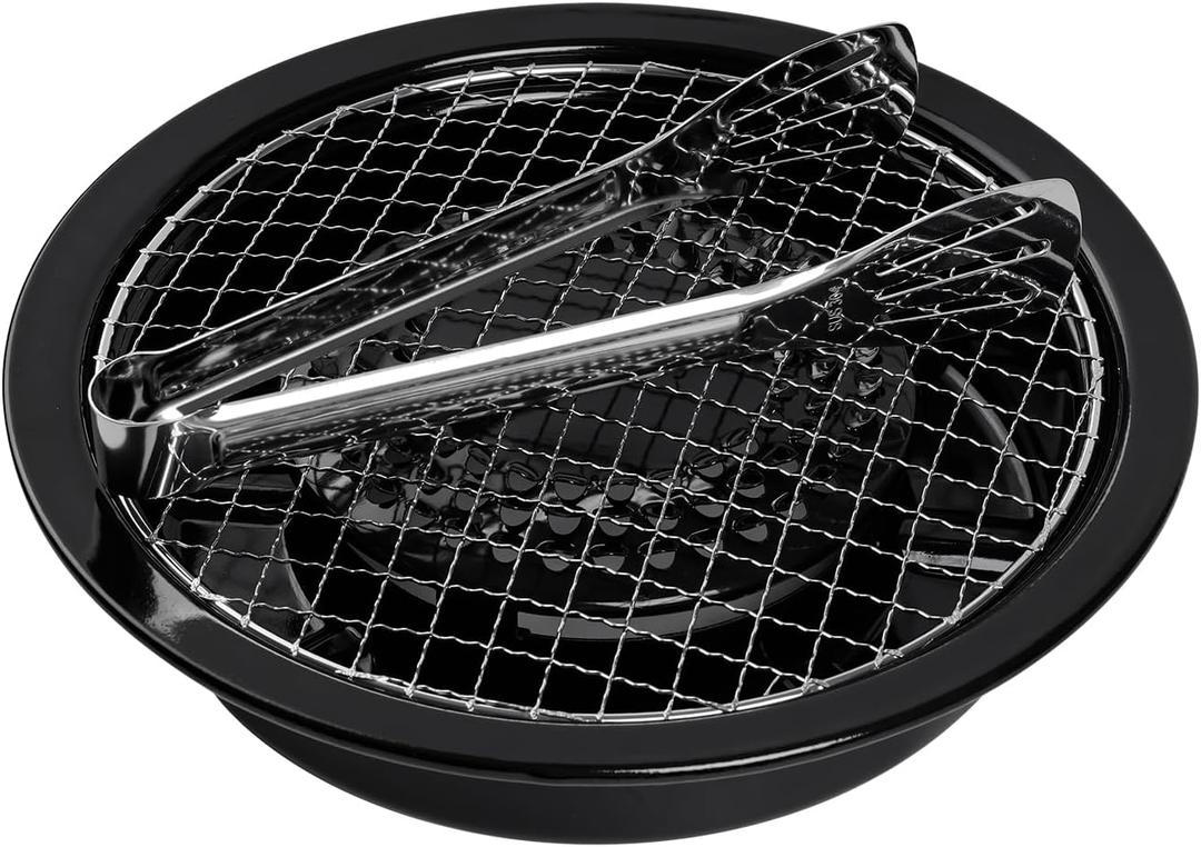 Korean-Style Smokeless Outdoor BBQ Grill Pan Alloy Grilling Mesh, Even Heating,Oil Drain Design, Easy Clean, Non-Stick & Non-Burning,Includes 304 Stainless Steel Tongs,Black,(Made in Japan)