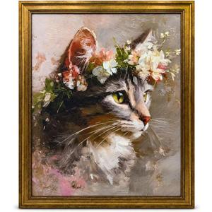 RunRRIn Vintage Gold Framed Wall Art,Wildflower Cat Canvas Print,16x20