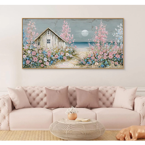 Coastal Pink Beach Canvas Art - Large 40x20 Inch Ocean Wall Decor