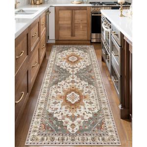 Tangsoo 2.6x8 Washable Runner Rug for Hallways, Non Slip Vintage Rug, Soft Low Pile Long Runner, Blue Carpet Runners for Kitchen Bedroom Entryway Bathroom Living Room