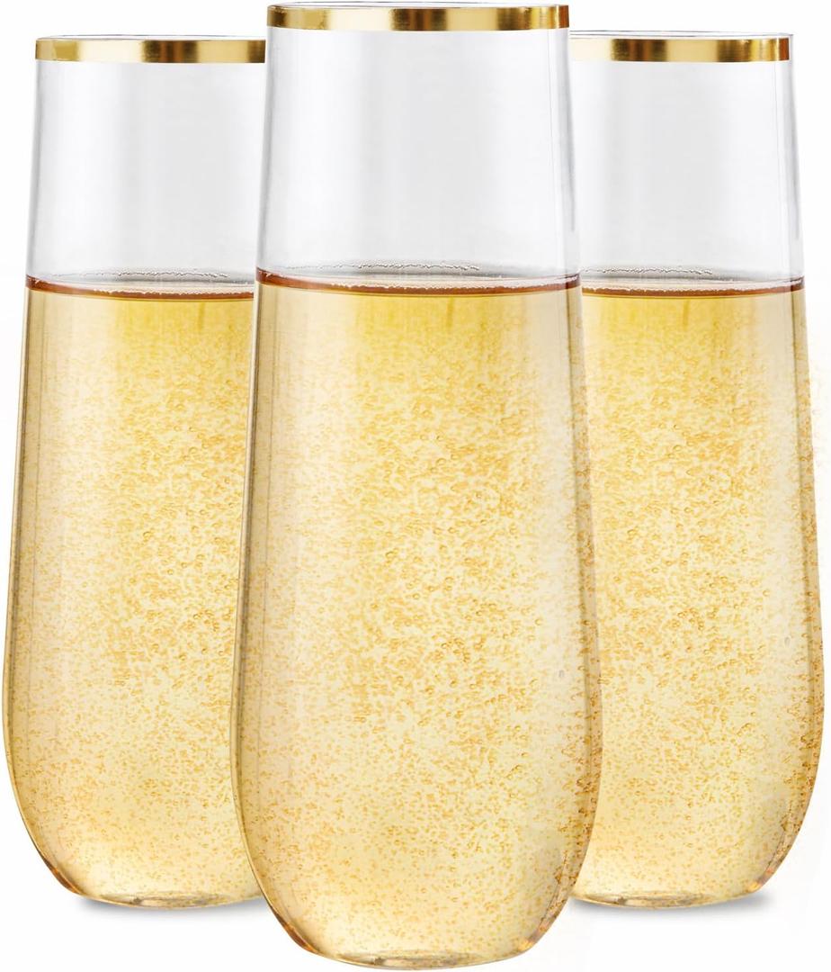 Ciaell 24 Pack Gold Plastic Champagne Flutes - 9 Oz Disposable Champagne Glasses - Stemless Mimosa Glass for Parties & Weddings & Birthdays