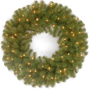 National Tree Company Pre-Lit Artificial Christmas Wreath, Green, North Valley Spruce, White Lights, Christmas Collection, 24 Inches, NRV7-300D-24WB1