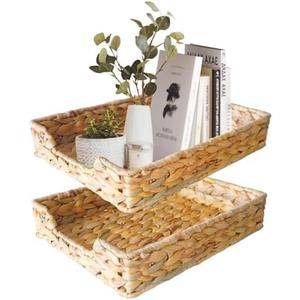 2 Pcs A4 File Tray, Natural Water Hyacinth Desk Basket, Wicker Paper Tray File Basket for Desk Organizer, Woven Letter Size Documents Trays for Office,Toilet Tank Organizer