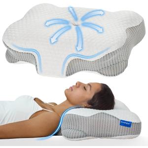 Cervical Neck Pillow - Memory Foam Pillow, Ergonomic Contour Pillow for Back and Side Sleepers, Breathable Slow-Rebound Foam, Cloud-Like Comfort (1, White)