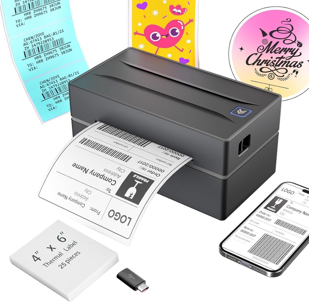 Bluetooth Thermal Shipping Label Printer: 4x6 Wireless Label Maker with Tape for Small Business - Compatible with iPhone, Android, Windows & Mac, Widely Used for USPS UPS Amazon Shopify Etsy (1 Black)