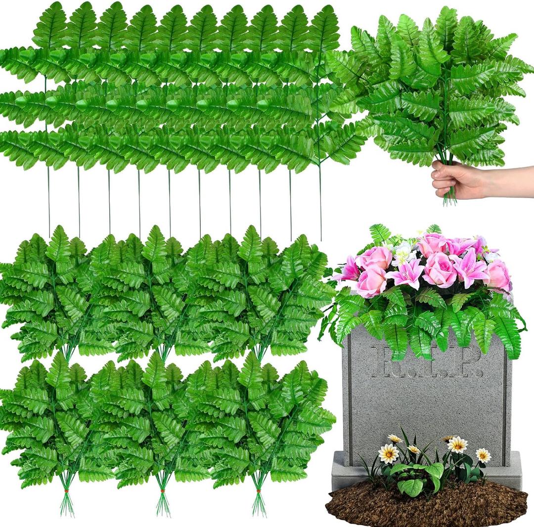 Yunlly 100 Pack Artificial Silk Light Green Fern Cemetery Flowers Leaf Picks Fake Greenery Stems Fern Leaves for Cemetery Grave Headstone Floral Arranging Crafting Decoration