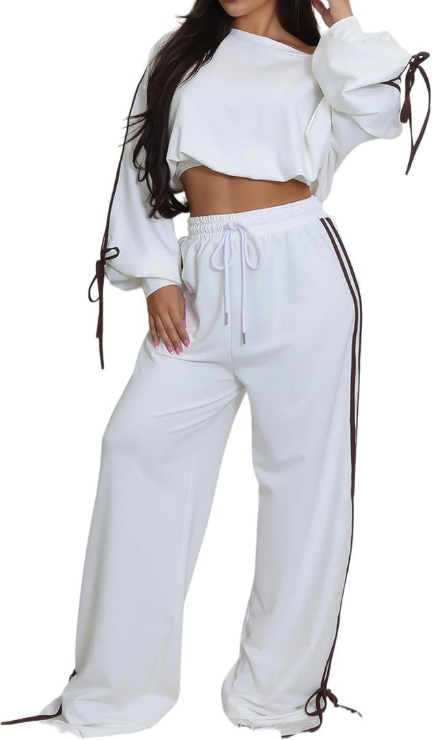 SxClub Casual Two Piece Sweatsuit for Women White Sport Clothings Sets Long Pants Jogging Tracksuits with Pockets Drawstrings, Large