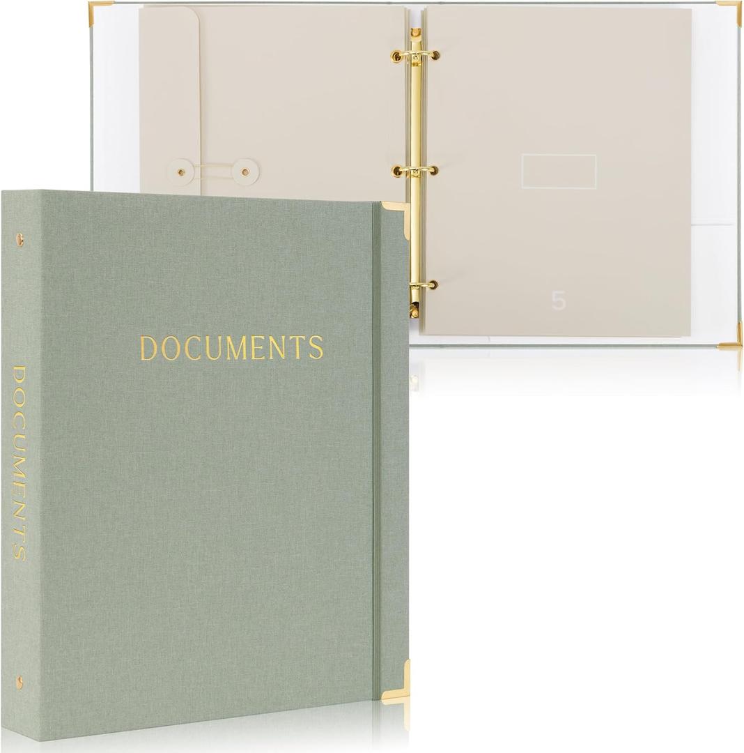 Aesthetic Document Organizer - Sturdy Linen 3-Ring Binder Safely Stores All Your Important Documents and Files in One Place - Easy to Use Expanding Storage Folder Incl. Envelopes, Pockets & Labels (Sage)