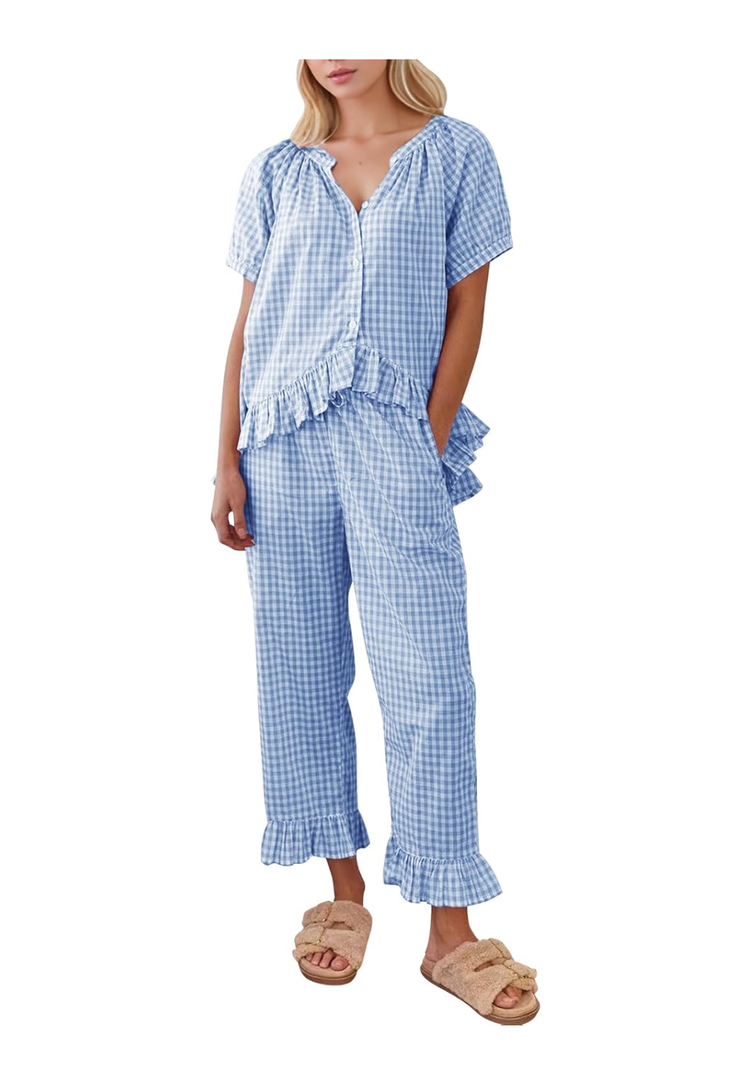 COZYPOIN Womens Gingham Pajama Set 2 Piece Plaid Cotton Pjs Cute Ruffle Sleepwear Maternity Bridesmaid Pajamas Loungewear, size XL