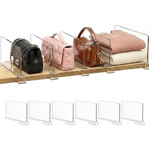 SortNStore Shelf Dividers Purse Organizer for Closet: 6-inch Tall(Shorter Version) Acrylic Handbag Organizer - Small Space Separator for Clutches Evening Bags Pouches Mini-Bags on Wood Shelves 6-Pack
