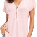 LUSMAY Women's Casual Zipper V Neck Short Sleeve Tunic Tops Loose Fitting T Shirts Blouse (Pink, M)