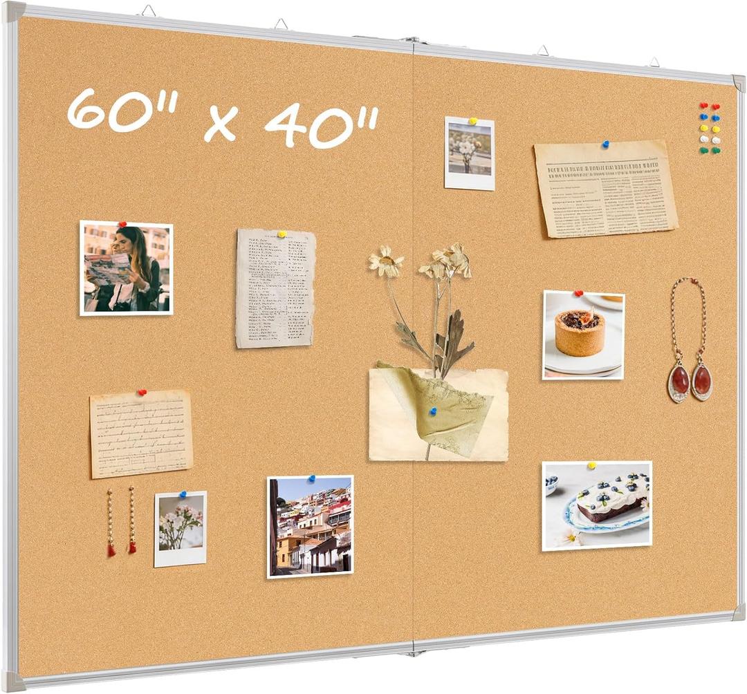 Double-Sided Large Cork Board, 60" x 40" Foldable Hanging Aluminum Framed Bulletin Board, Vision Board Pin Board Corkboards for Walls, Office, School Decor