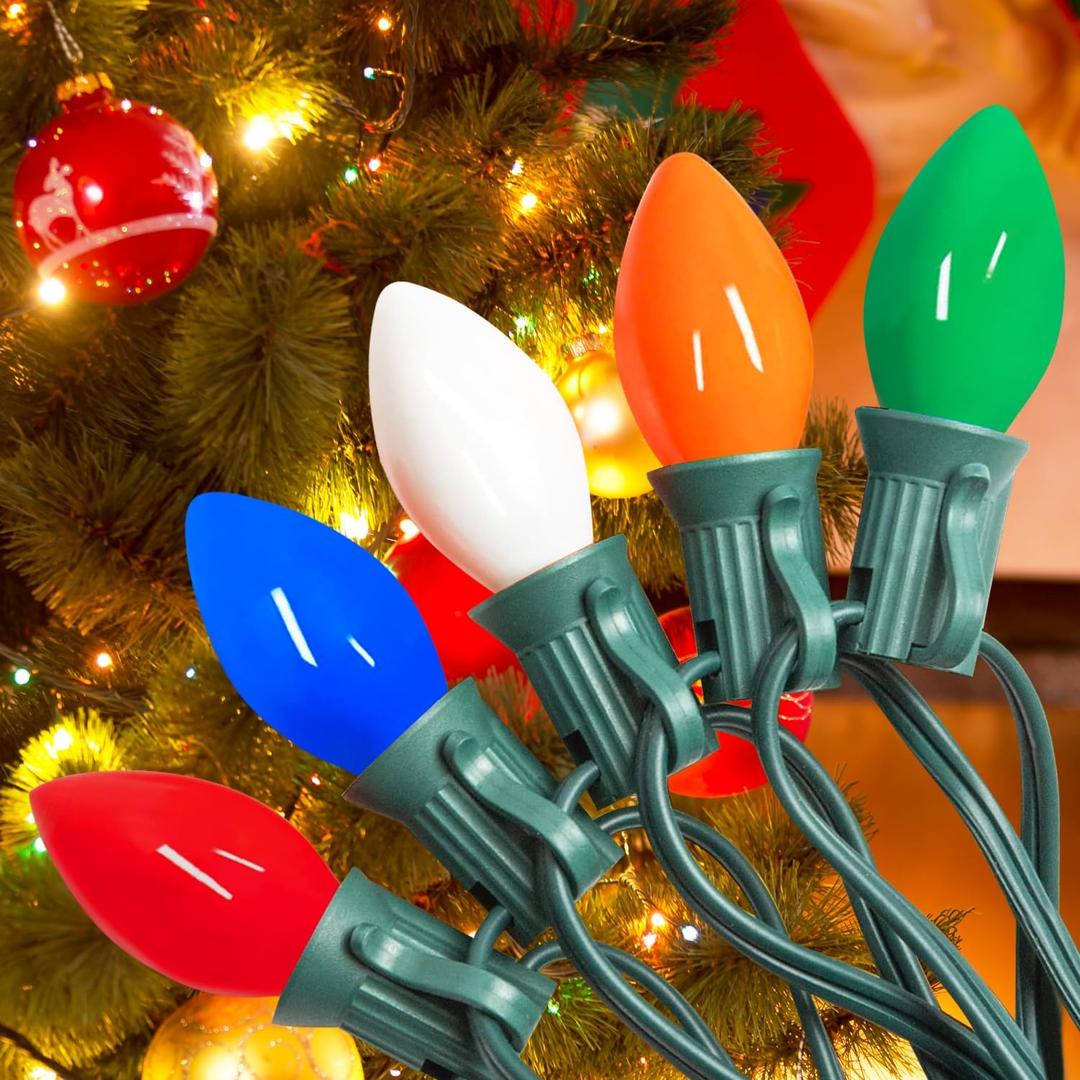 C7 Christmas String Lights Multicolor - 25FT Vintage Christmas Light with 27 C7 Multicolor Incandescent Bulbs, Outdoor Christmas Tree Lights for Christmas Holiday Party Decor - Green Wire