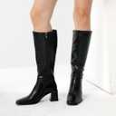 Women's Knee High Boots Block Metal Heel Square Toe Side Zipper Soft PU Leather Classic Fashion Dress Long Boots (Black)