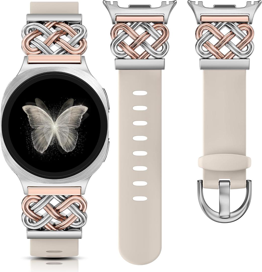 Celtic Knot Silicone Band Compatible with Samsung Galaxy Watch 8 40mm 44mm/ 8 Classic 46mm Band Women, No Gap One-Click Dressy Cute Interlock Buckle Premium Silicone Adjustable Strap Wristband