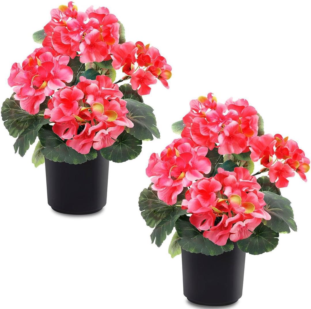 2 Pack Artificial Geranium Fake Flowers for Outdoors Spring Summer Decor, Silk Geraniums Flowers UV Resistant Faux Flower Potted Plants for Gardens Farmhouse Indoor Home Table Decor (Rose Red)
