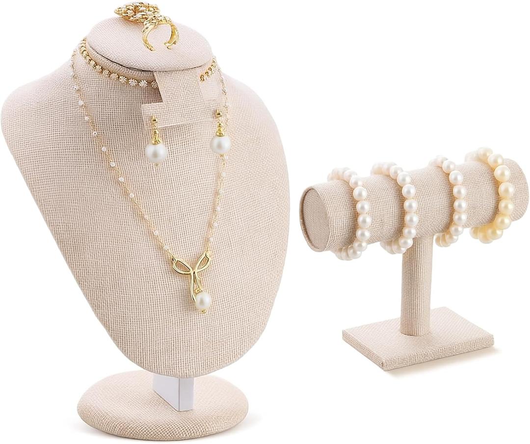 RattanView 2 Pcs Jewelry Display Set Necklace Mannequin Bust T Bar Bracelet Holder for Earring Necklace Ring Display