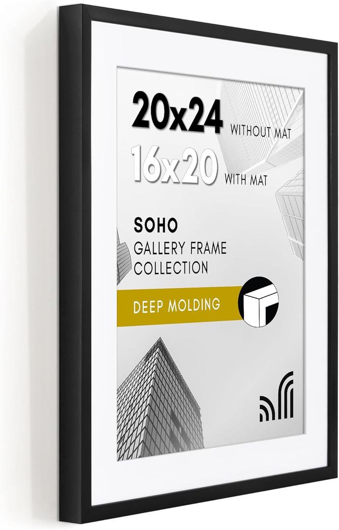Americanflat 20x24 Picture Frame with Polished Plexiglass - Use as 16x20 Frame with Mat or Display 20x24 Photo Without Mat - Soho Collection - Deep Molding Picture Frames for Wall Display - Black